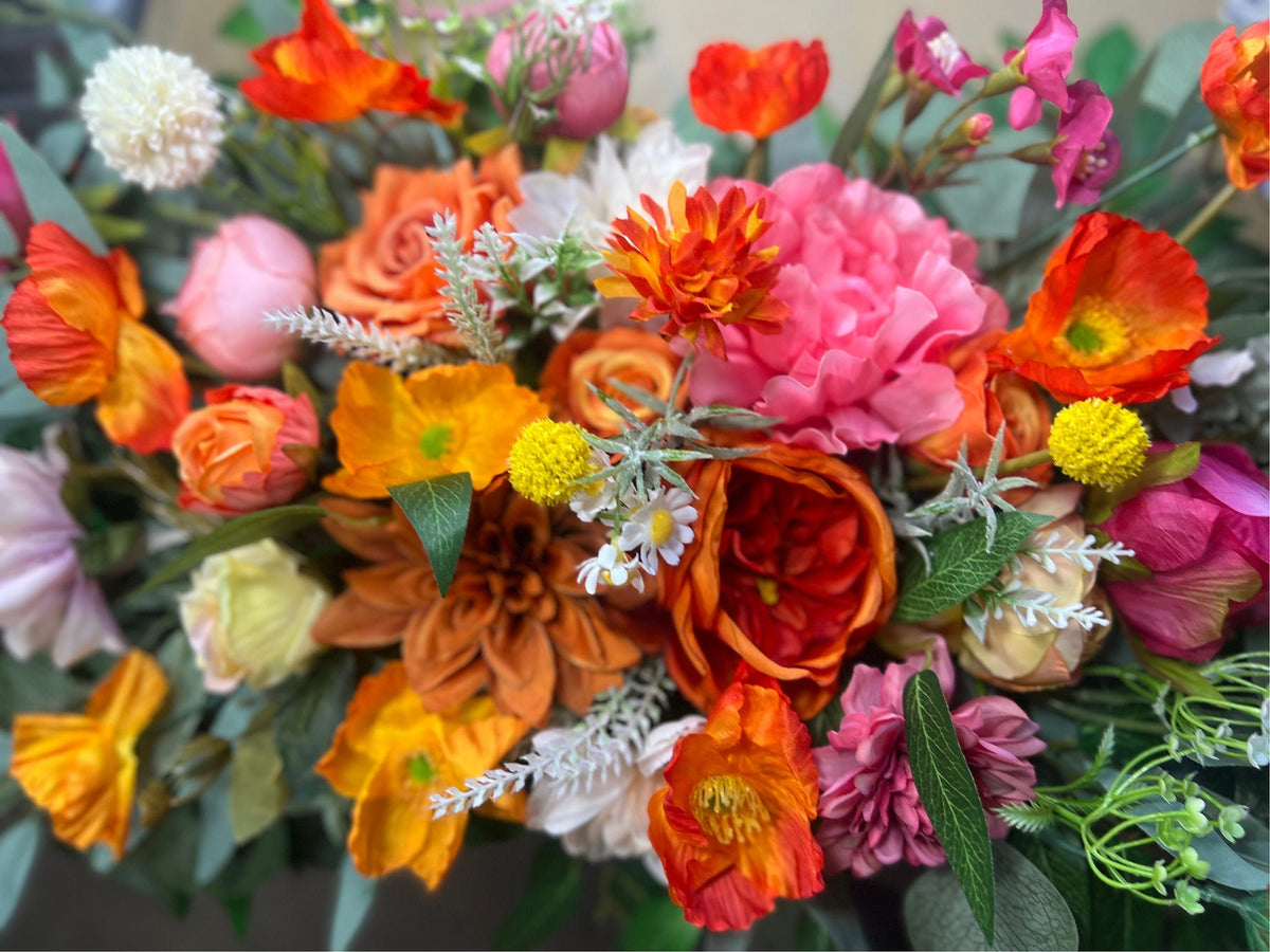 Orange Arch Arrangement Wedding Pink Wedding Arrangement Arch Yellow Colorful Centerpiece Aisle Decor Wild Flower Summer Spring Hot Pink