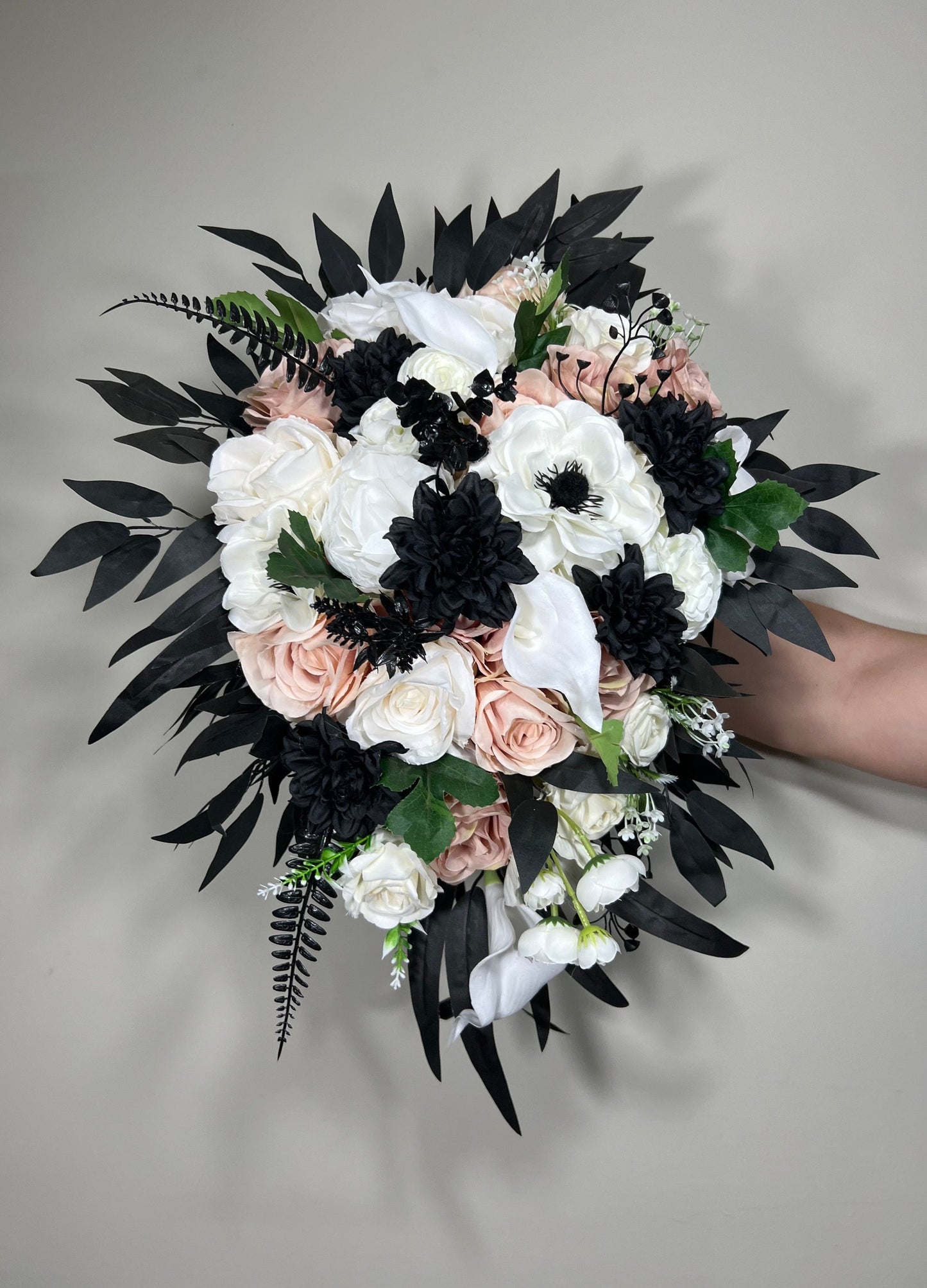 Black White Bouquet Bridal Dusty Rose Bouquet Black Blush White Bridesmaids Dusty PinkBouquet Anemone Calla Lily Ivory Artificial Flower