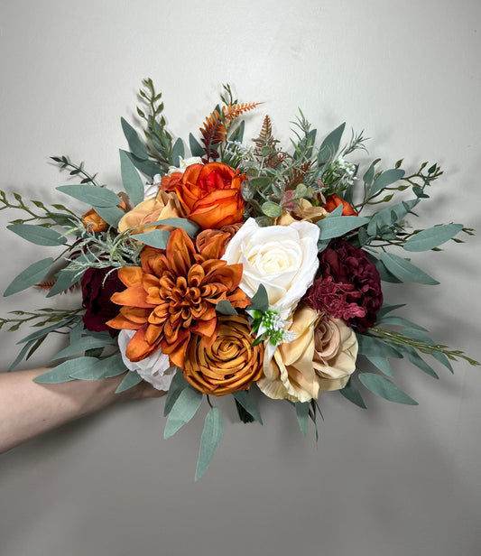 Rust White Bouquet Wedding Bridal Terracotta Burgundy Ivory Bouquet Bridesmaids Burnt Orange Wine Red Bouquet Sage Green Artificial Flowers