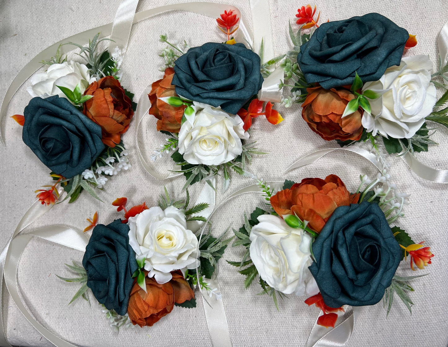 Dark Teal Corsage Wedding Teal Corsage Terracotta Mom White Corsage Teal Rust Corsage Burnt Orange White Artificial Flowers