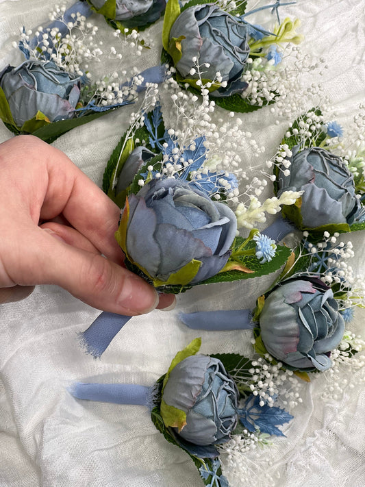 Wedding Boutonniere Dusty Blue Groom Wedding Groomsmen Boutonniรจre Blue Artificial Flowers Dusty Blue Peony Classic Boutonniere Baby Breath