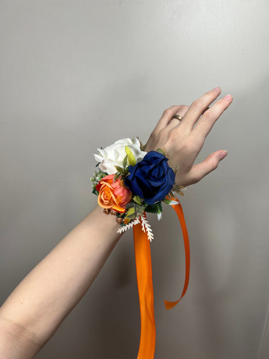 Blue Orange Corsage Wedding Royal Blue Corsage Orange Mom Corsage White Burnt Orange Corsage Ivory Pocket Boutonniere Artificial Flowers