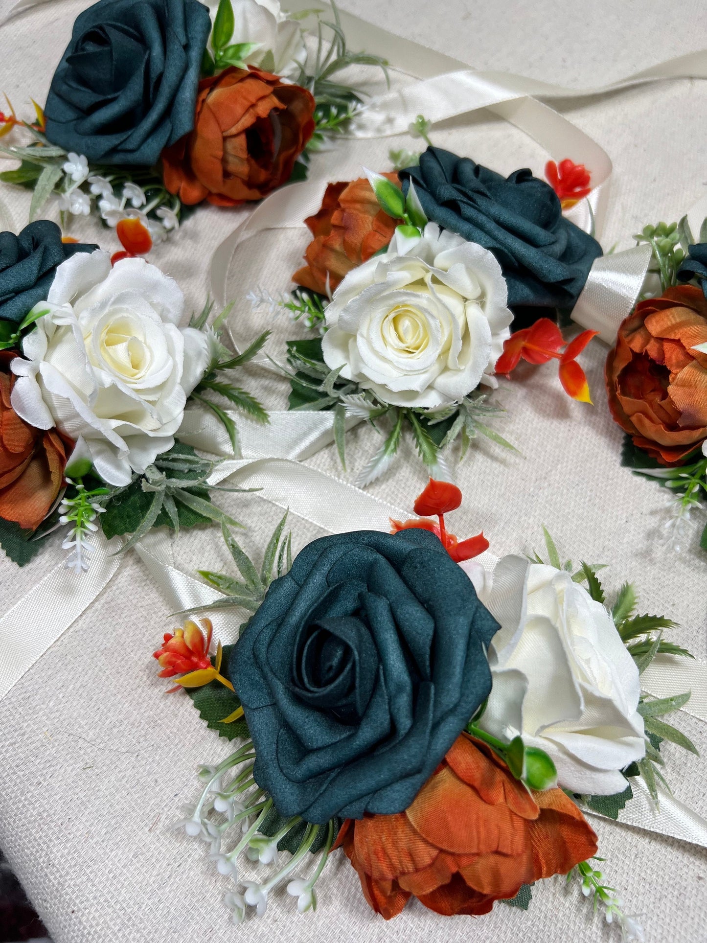 Dark Teal Corsage Wedding Teal Corsage Terracotta Mom White Corsage Teal Rust Corsage Burnt Orange White Artificial Flowers
