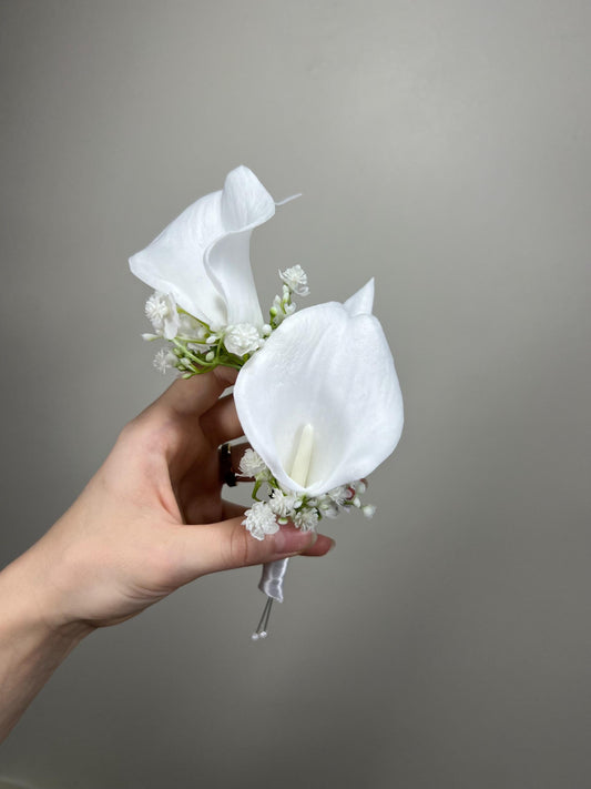 Calla Boutonniere Corsage White Wedding Wrist Bridesmaids Corsage Prom Ivory Calla Lily Baby Breath Real Touch Wristlet Artiticial Flower