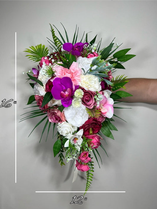 Tropical Bouquet Wedding Fuchsia Orchid Bridesmaids Bouquet Hot Pink Purple Cascade Bouquet Beach White Viva Magenta Artificial Flower
