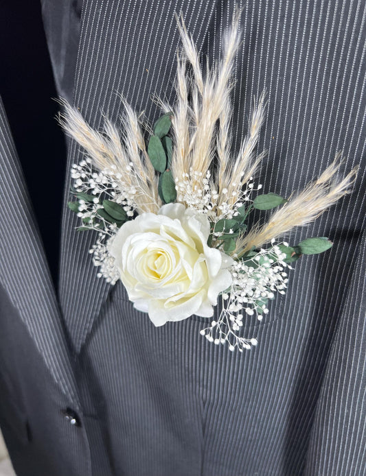 White Pocket Boutonniere White Groom Boutonnière Ivory Square Groomsmen Pocket Eucalyptus Boutonniere Baby Breath Pampas Grass