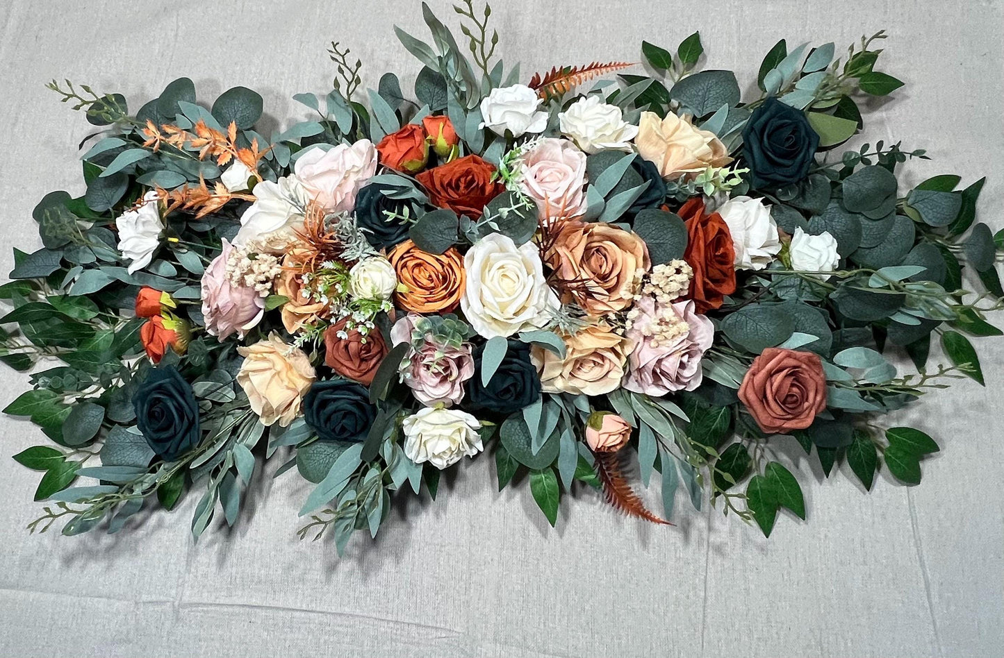 Orange Teal Arch Arrangement Wedding Decor Dark Teal Terracotta Centerpiece Burnt Orange Arbor Arrangement Rust Eucalyptus Dark Teal