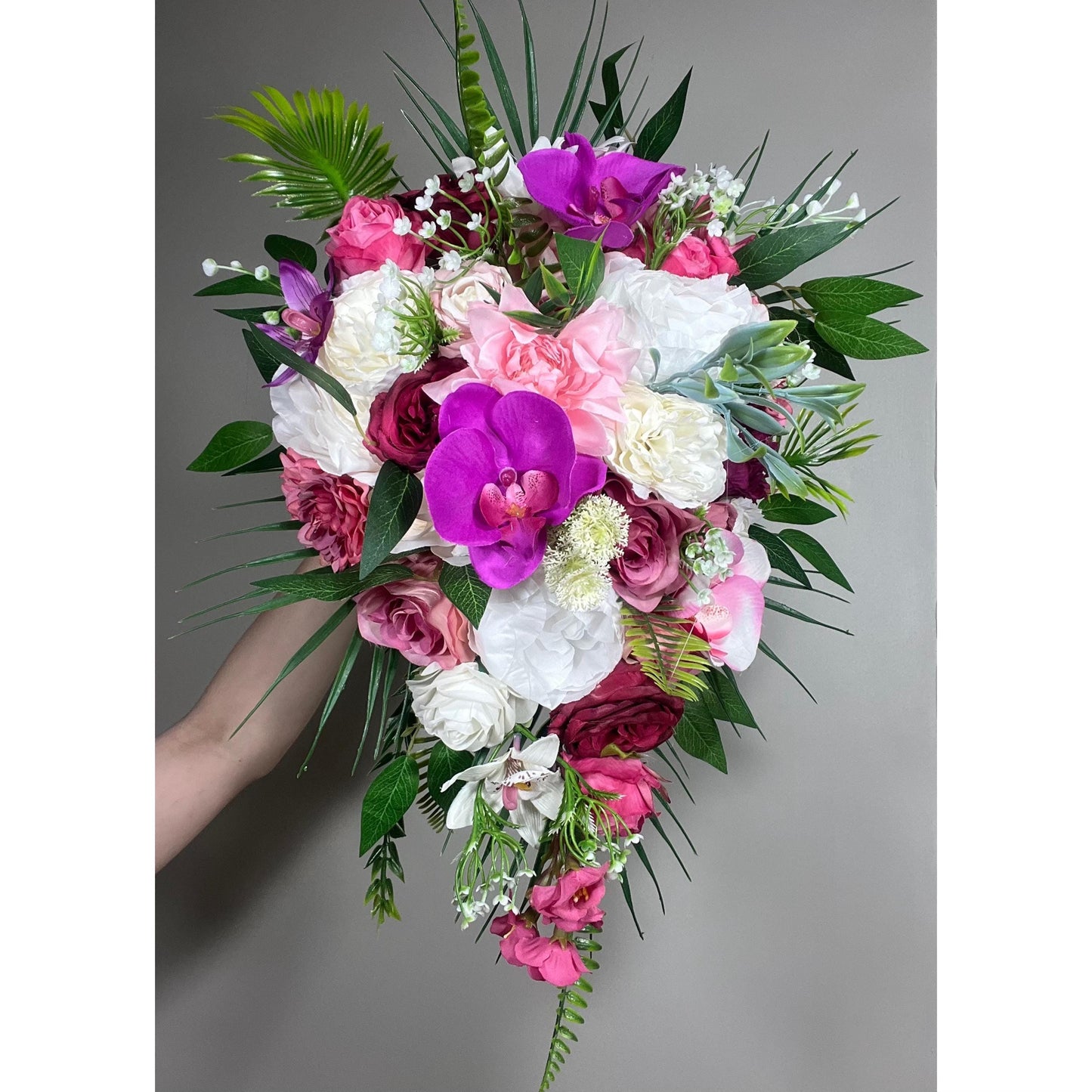 Tropical Bouquet Wedding Fuchsia Orchid Bridesmaids Bouquet Hot Pink Purple Cascade Bouquet Beach White Viva Magenta Artificial Flower