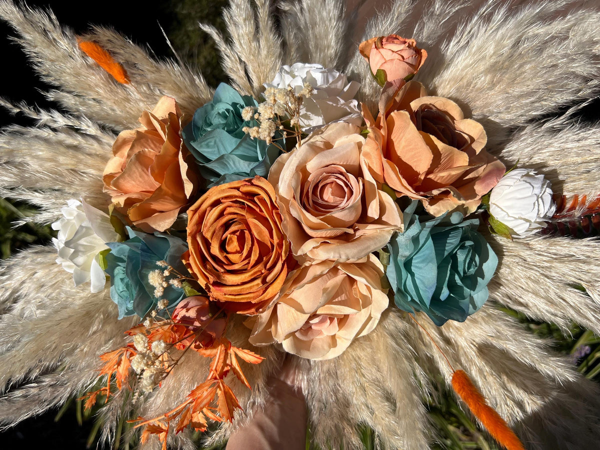Orange Teal Arch Arrangement Wedding Decor Teal Terracotta Centerpiece Burnt Orange Arbor Arrangement Turquoise Pampas Grass Reddit