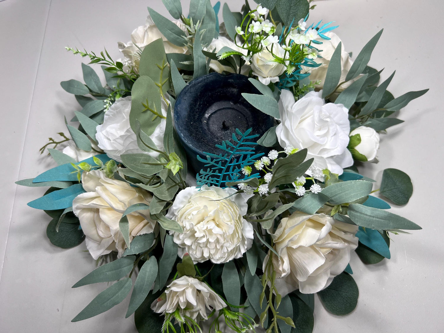White Wreath Centerpiece 3.5" Opening Center For Candle Wedding Ivory Teal Table Round Centerpiece Circle Table Décor White Eucalyptus Sage