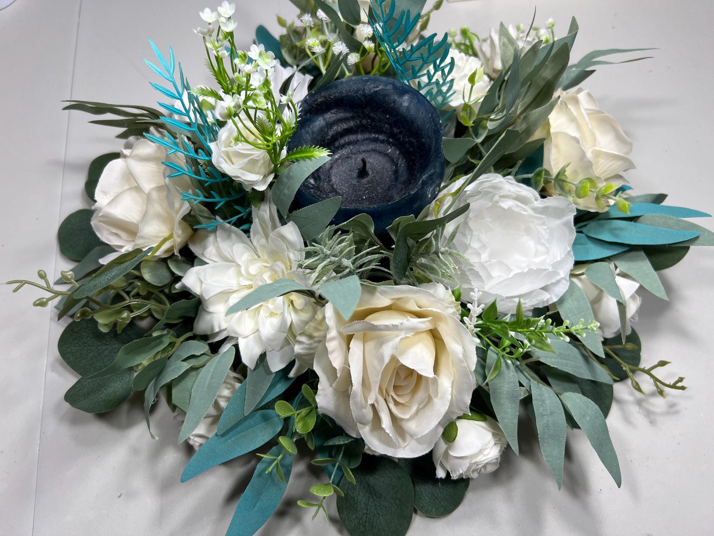 White Wreath Centerpiece 3.5" Opening Center For Candle Wedding Ivory Teal Table Round Centerpiece Circle Table Décor White Eucalyptus Sage