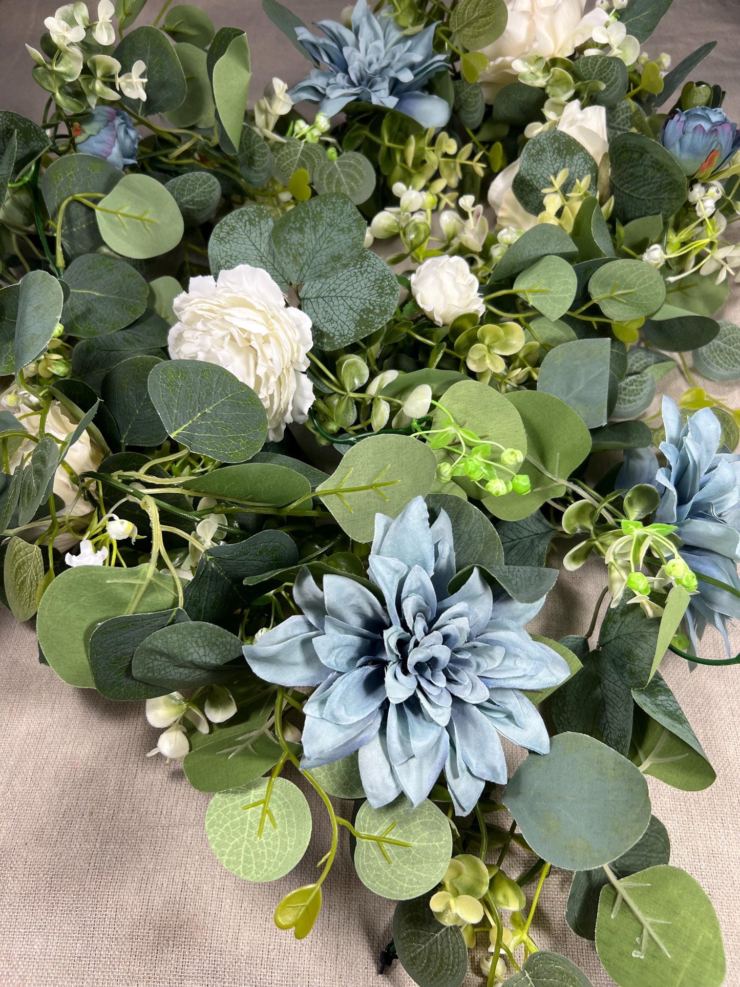 White Blue Garland Wedding Table Runner Aisle Arrangement Arch Dusty Blue Silver Dollar Eucalyptus Decoration Blue Table Runner Greenery