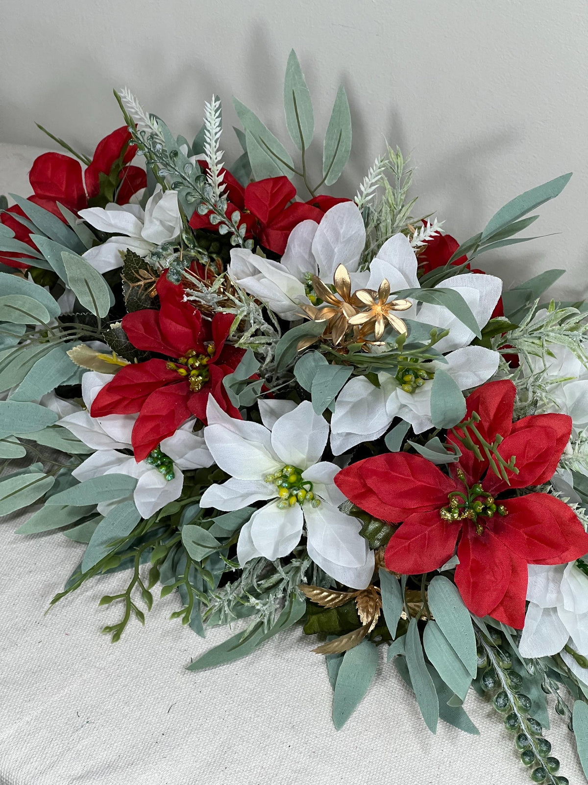 Christmas Sweetheart Wedding Poinsettias White Red Wedding Table Decor Winter Centerpiece Arch Arrangement Arbor Poinsettias Greenery Sage