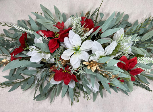 Christmas Sweetheart Wedding Poinsettias White Red Wedding Table Decor Winter Centerpiece Arch Arrangement Arbor Poinsettias Greenery Sage