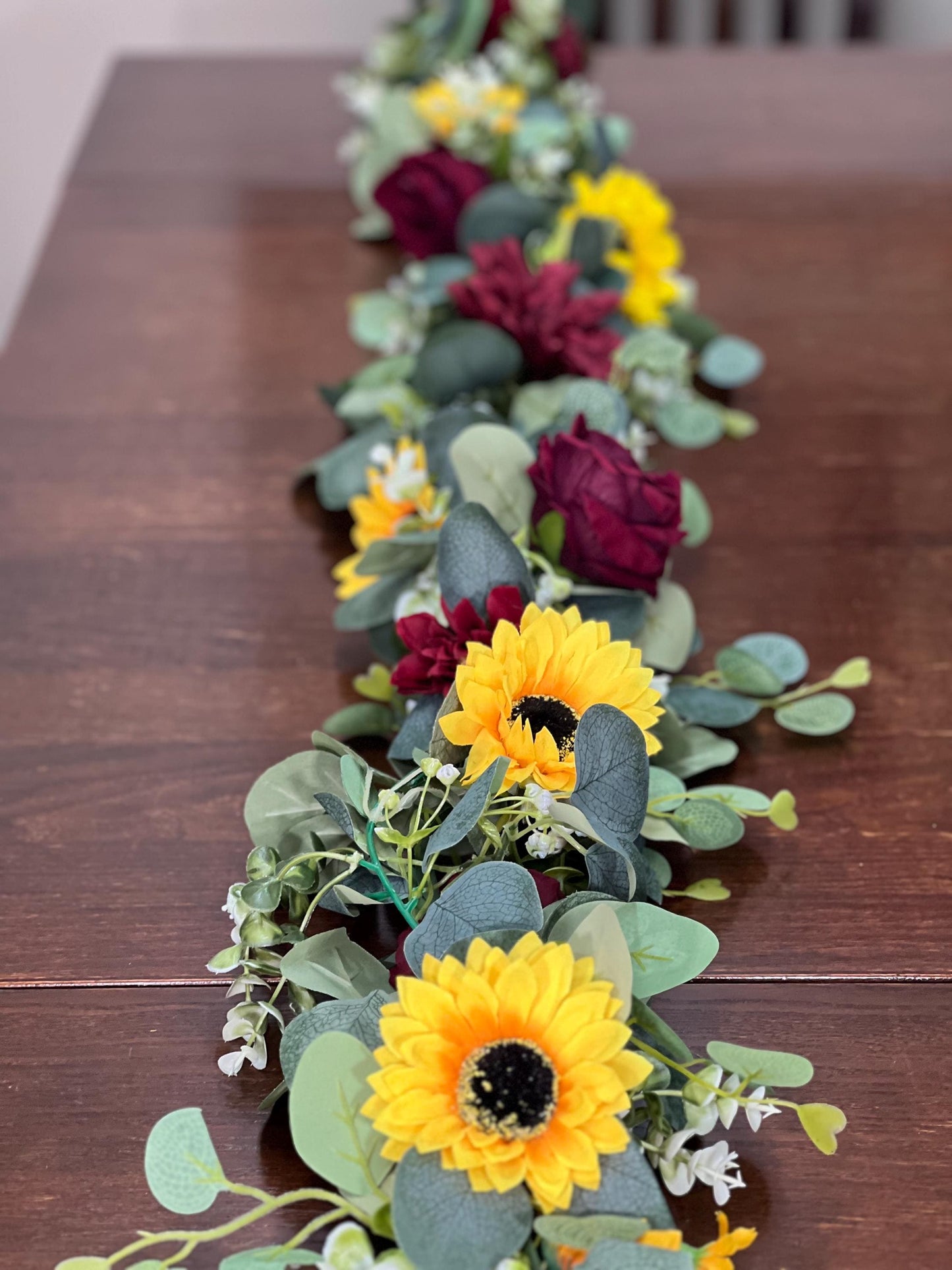 Sunflower Garland Wedding Table Runner Aisle Arrangement Arch Sunflower Burgundy Silver Dollar Sunflower Eucalyptus Garland Greenery
