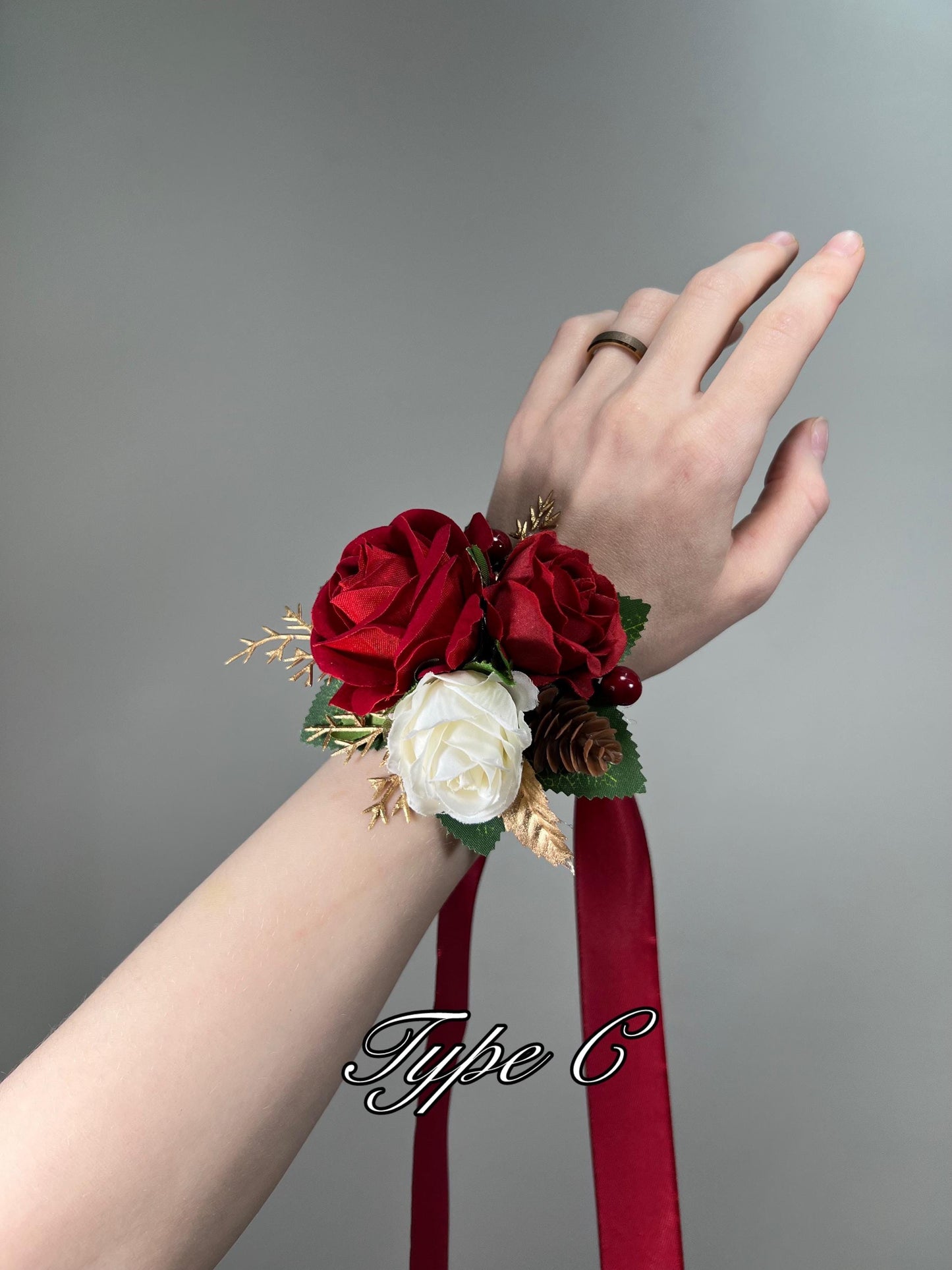 Wedding Christmas Corsage Red Gold Wedding Wrist Corsage Red Bridesmaids Burgundy Corsage Pine Cone Winter Artificial Flowers