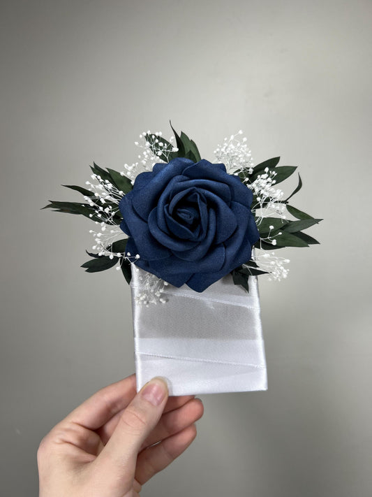 Navy Blue Pocket Boutonniere Wedding White Navy Blue Groom Boutonnière Square Groomsmen Blue Eucalyptus Boutonnière Artificial Flowers