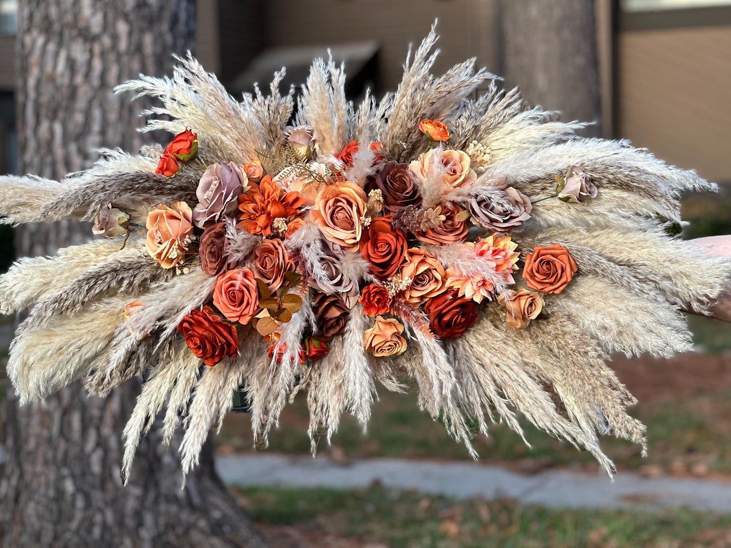 Wedding Arch Arrangement Rust Boho Terracotta Burnt Orange Brown Cinnamon Arch Aisle Arrangement Taupe Arbor Pampas Grass Swag Wall