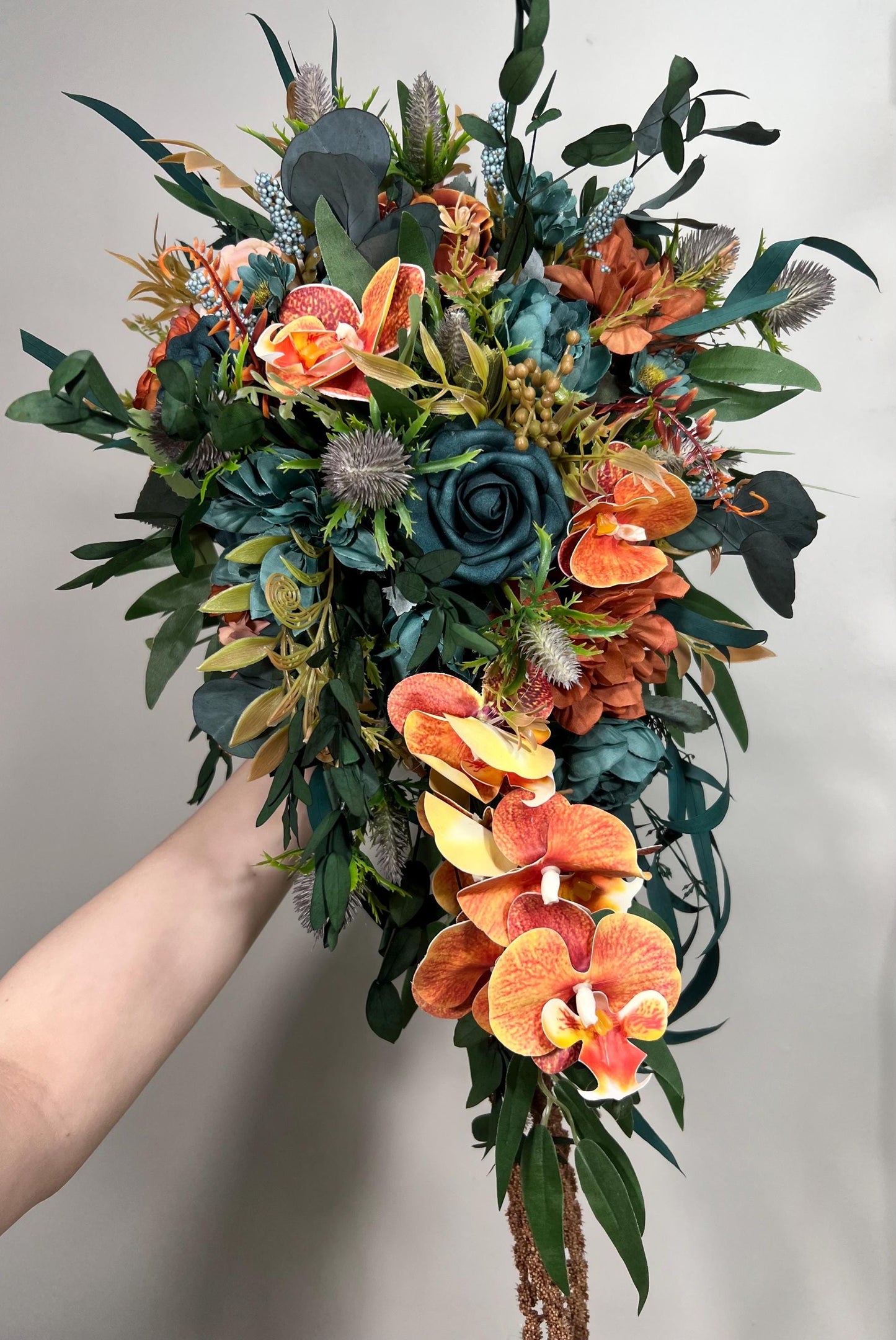 Teal Orange Bouquet Wedding Bridal Cascade Bouquet Terracotta Rustic Dark Teal Rust Orchid Eucalyptus Thistle Burnt Orange Artificial Flower