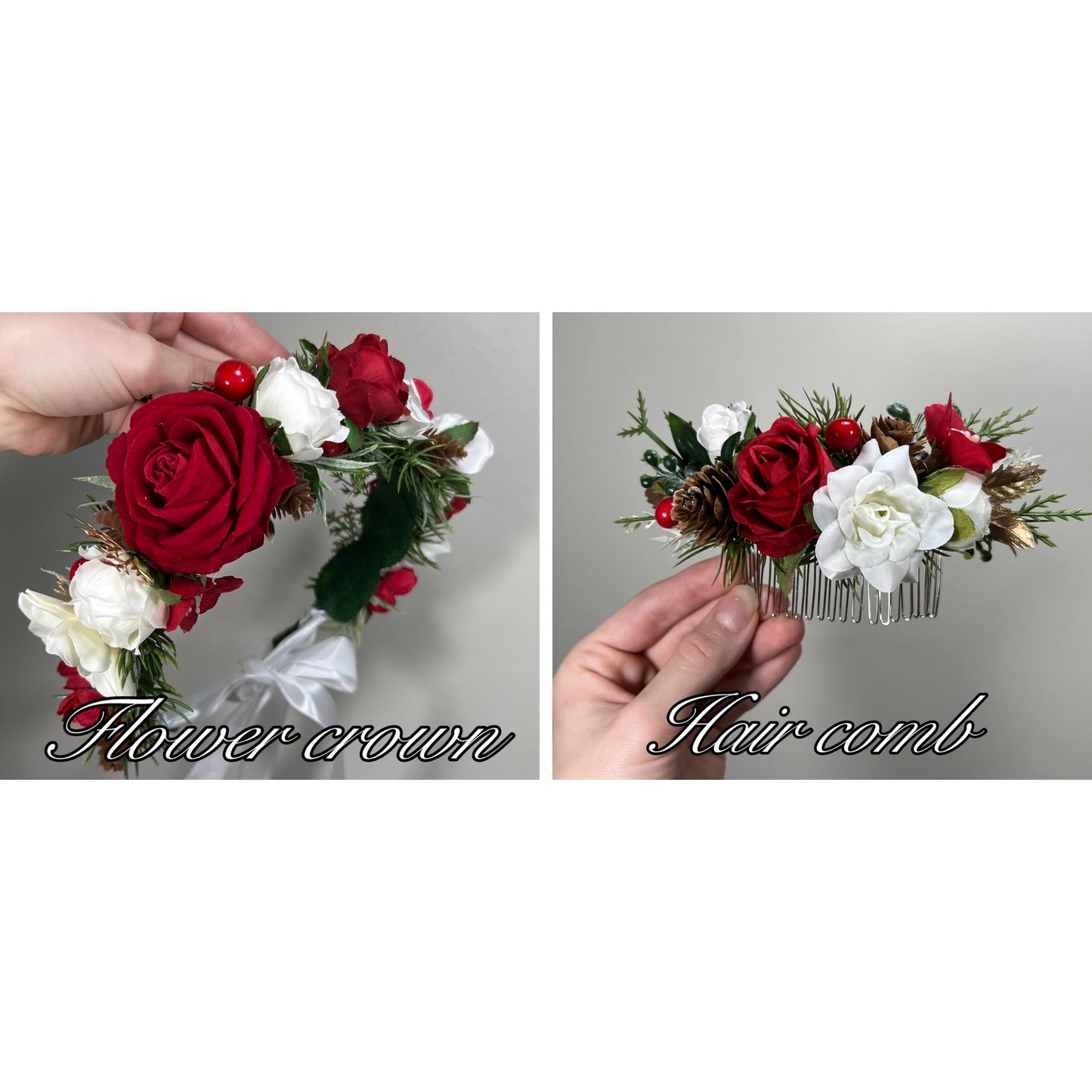 Wedding Christmas Bouquet Bridal Red White Rustic Bridesmaids Decor Gold Christmas Tree Winter Snow Pine Cone Red Berries Artificial