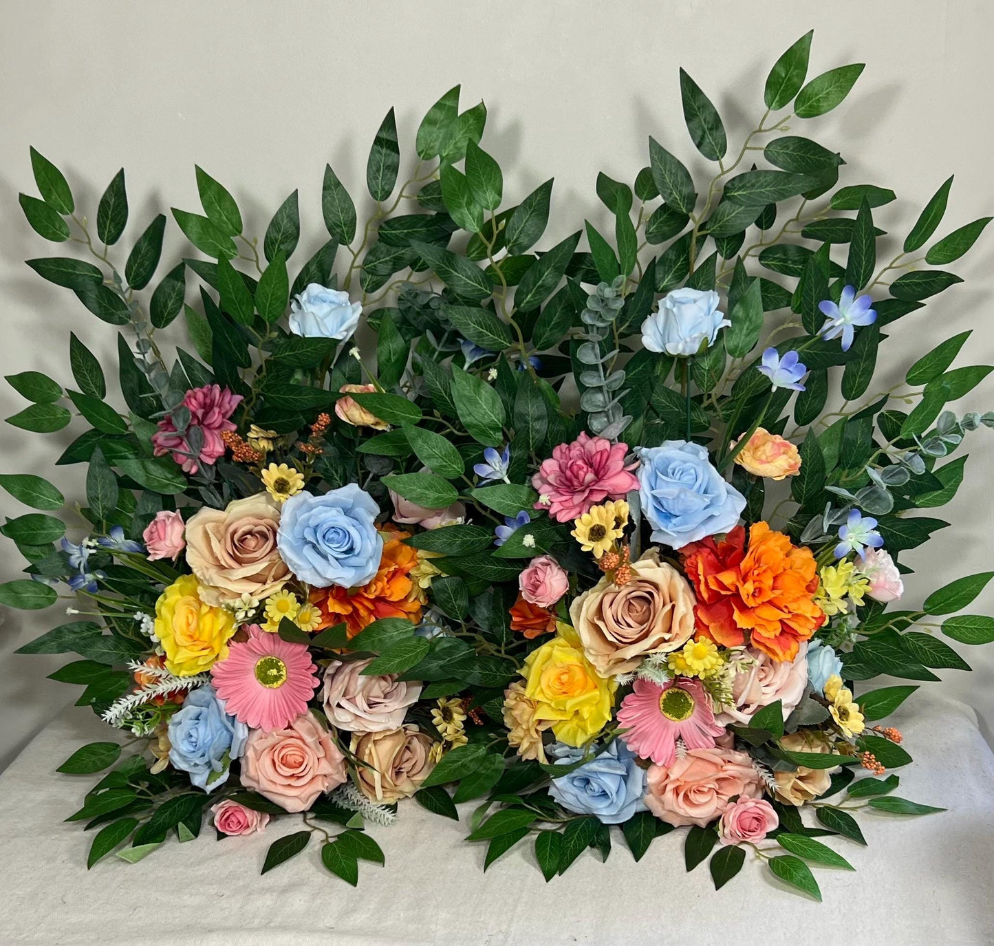 Wedding Aisle Marker Flower Floor Arrangement Whiskey Barrel Décor Wild Flowers Pink Blue Ground Arch Wildflowers Colorful Orange
