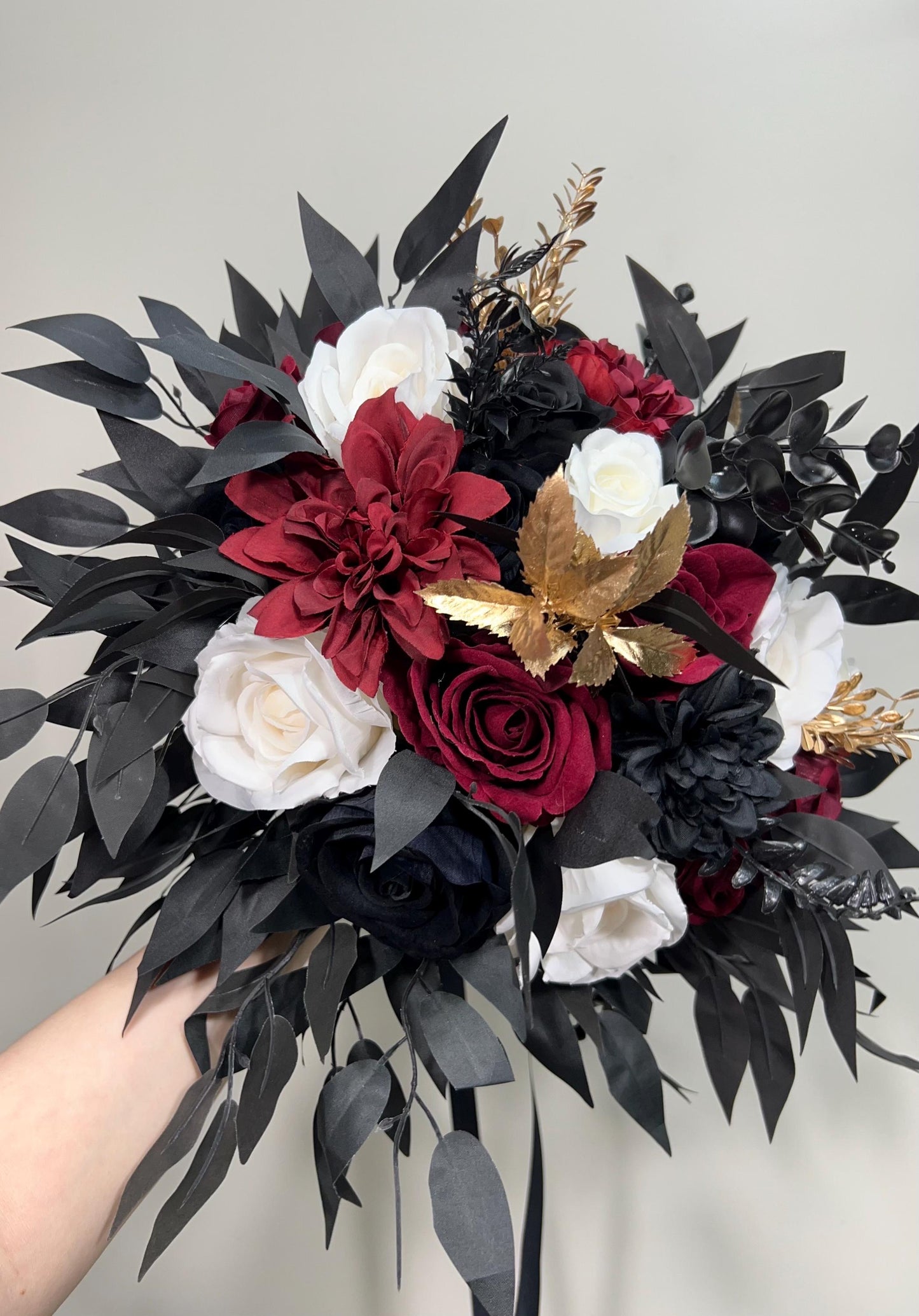 Wedding Cascade Bouquet Burgundy Black White Halloween Bridesmaid Bridal Cascading Bouquet Gothic Wedding Gold Bouquet Flower Artificial