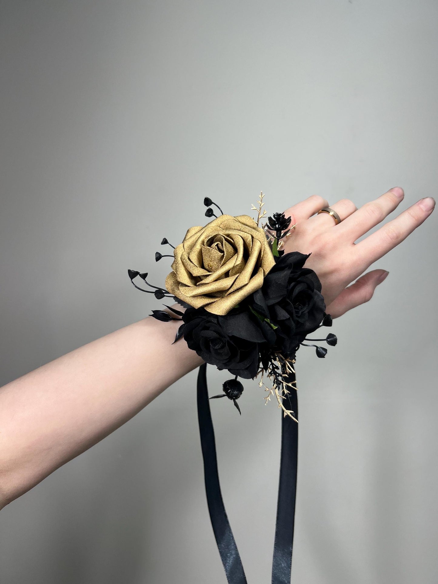 Black Gold Corsage Wedding Black Gothic Corsage Black Gold Mom Wrist Corsage Artificial Flowers Black Gold Wrist Corsage