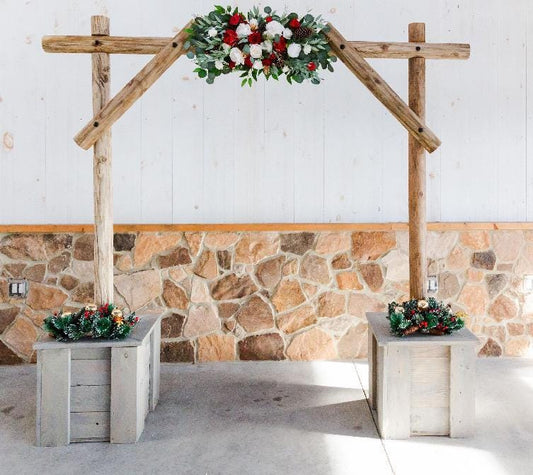 Christmas Arch Arrangement Wedding White Red Arbor Arrangement Winter Holiday Backdrop Flowers Artificial Ivory Gold Evergreen Pine Cones