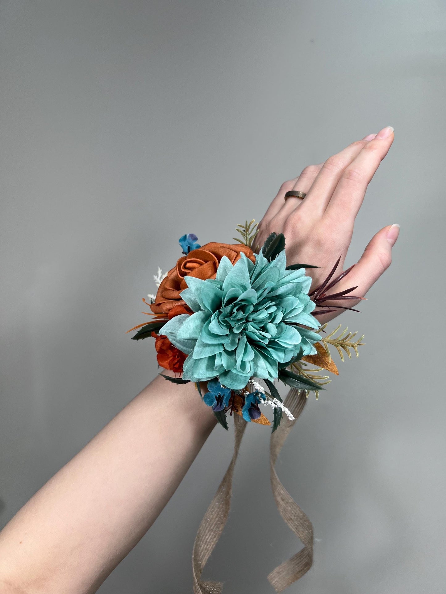 Teal Orange Corsage Wedding Turquoise Terracotta Cordage Bridesmaids Teal Blue Rust Corsage Aque Blue Burnt Orange Corsage Mom Artificial