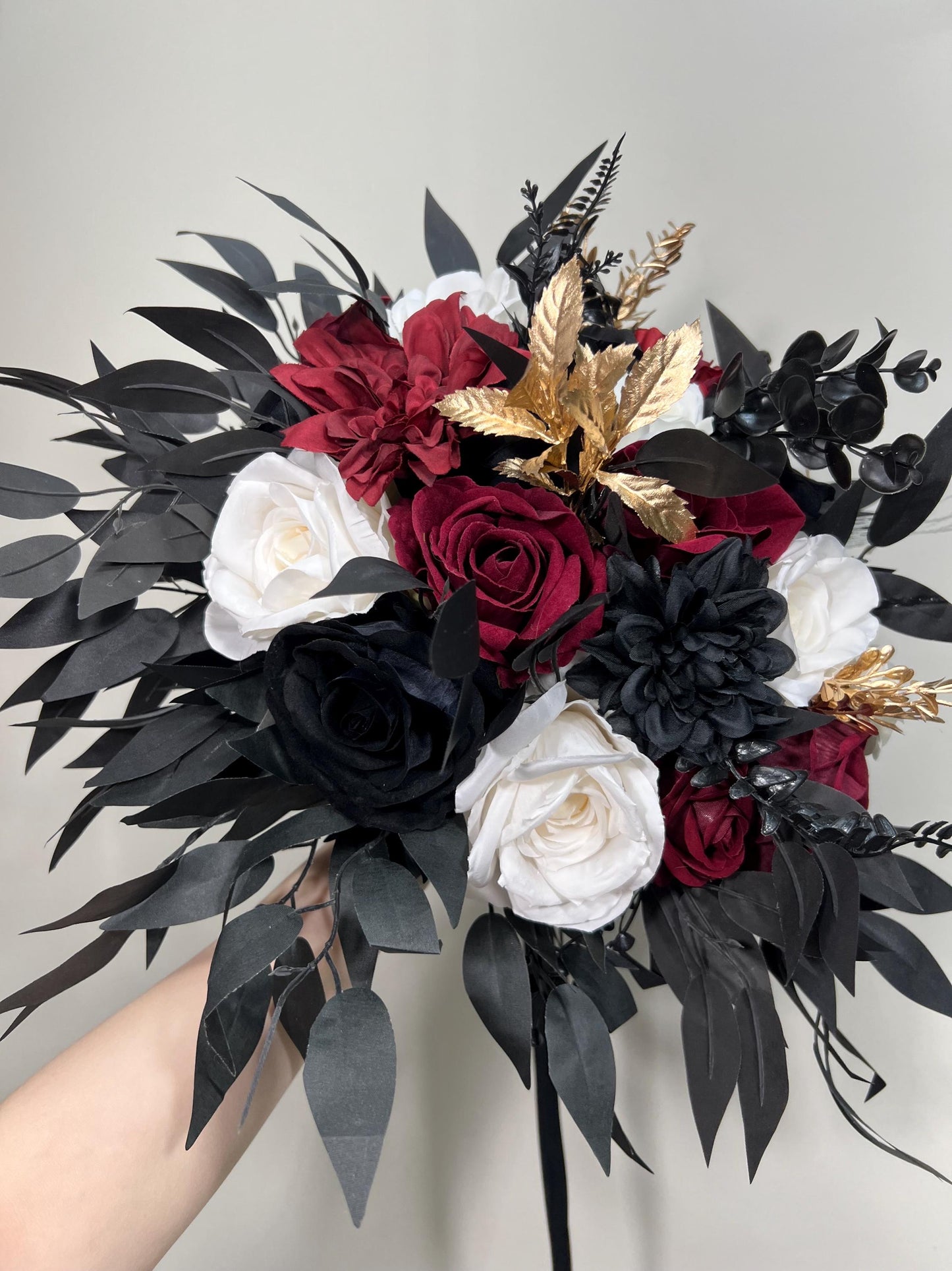 Wedding Cascade Bouquet Burgundy Black White Halloween Bridesmaid Bridal Cascading Bouquet Gothic Wedding Gold Bouquet Flower Artificial