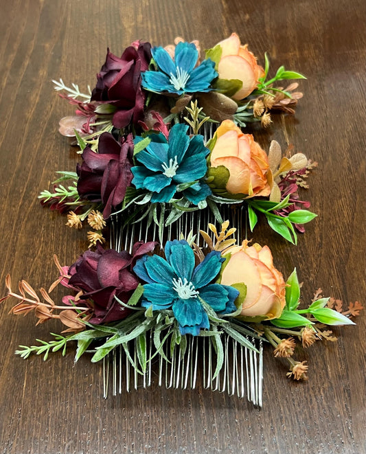 Flower Comb Wedding Dark Teal Head Piece Hair Comb Teal Burgundy Bridal Wedding Burnt Orange Teal Hair Accessories Hair Comb Reddit