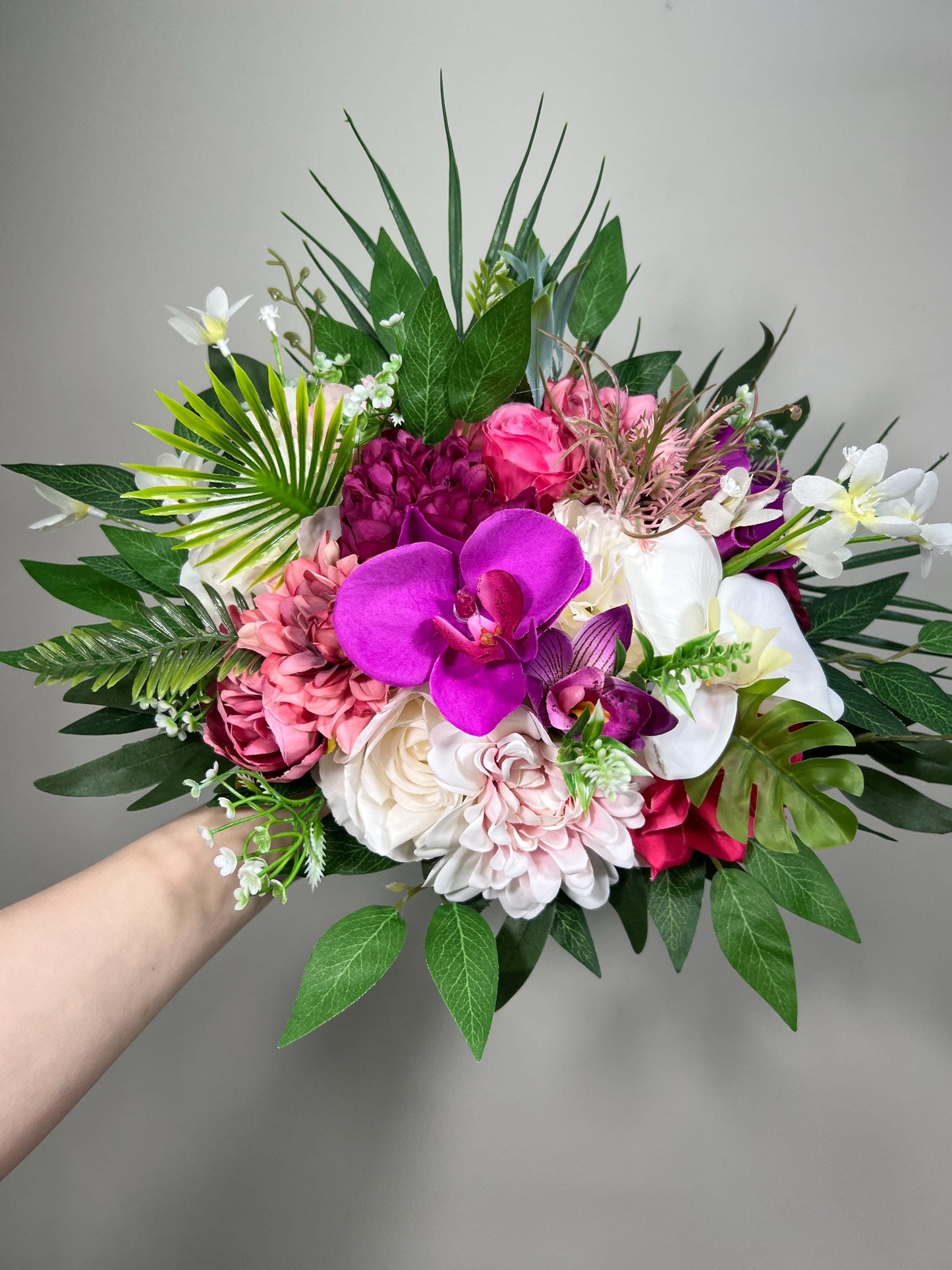 Tropical Bouquet Wedding Fuchsia Orchid Bridesmaids Bouquet Hot Pink Purple Cascade Bouquet Beach White Viva Magenta Artificial Flower