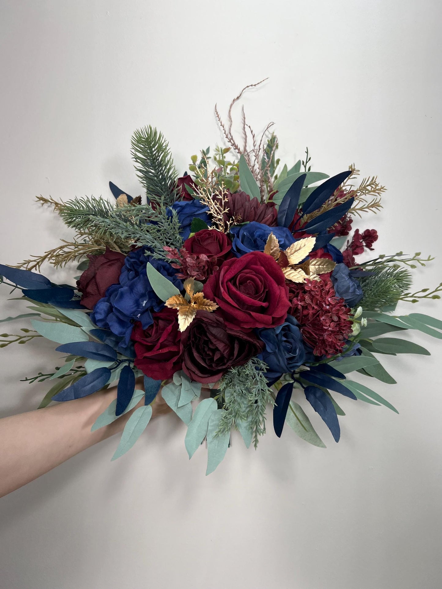 Winter Bouquet Burgundy Navy Blue Wedding Bouquet Bridal Cascading Wine Red Dark Blue Bouquet Cascade Bridesmaids Pine Tree Gold Artificial