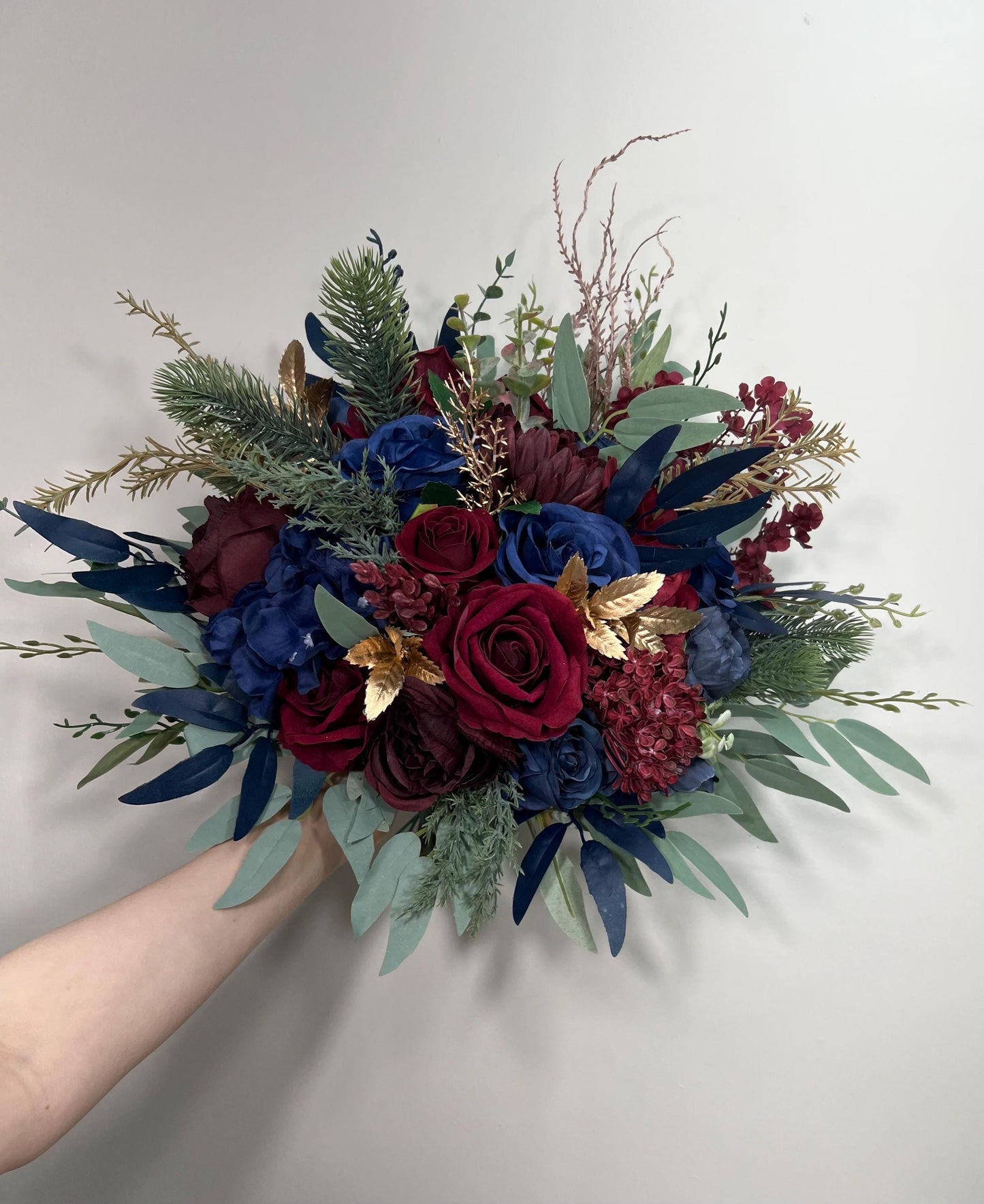 Winter Bouquet Burgundy Navy Blue Wedding Bouquet Bridal Cascading Wine Red Dark Blue Bouquet Cascade Bridesmaids Pine Tree Gold Artificial