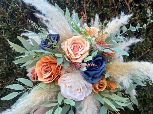 Orange Blue Navy Flower Ball Wedding Boho Centerpiece White Burnt Orange Blue Navy Barrel Decor Table Terracotta Navy Blue Rust Pampas Grass