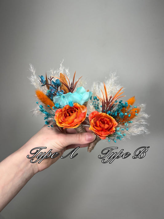 Orange Boutonniere Wedding Turquoise Groom Teal Boutonnière Terracotta Groomsmen Blue Rust Boutonnière Groom Aque Blue Pampas Grass