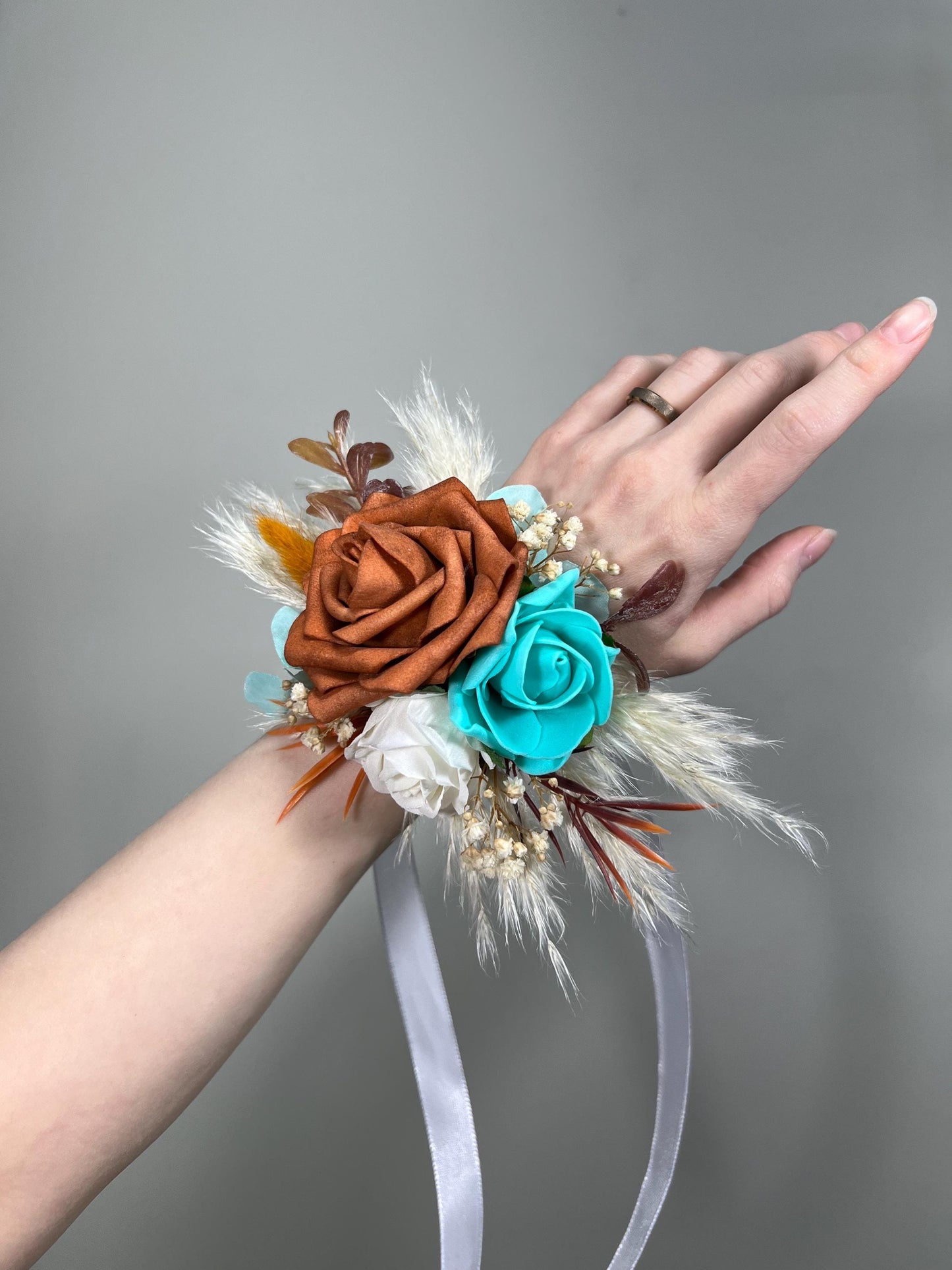 Turquoise Orange Corsage Wedding Burnt Orange Teal Corsage Boho Rust Turquoise Wrist Corsage Mom Terracotta Turquoise Corsage Teal Blue Aqua