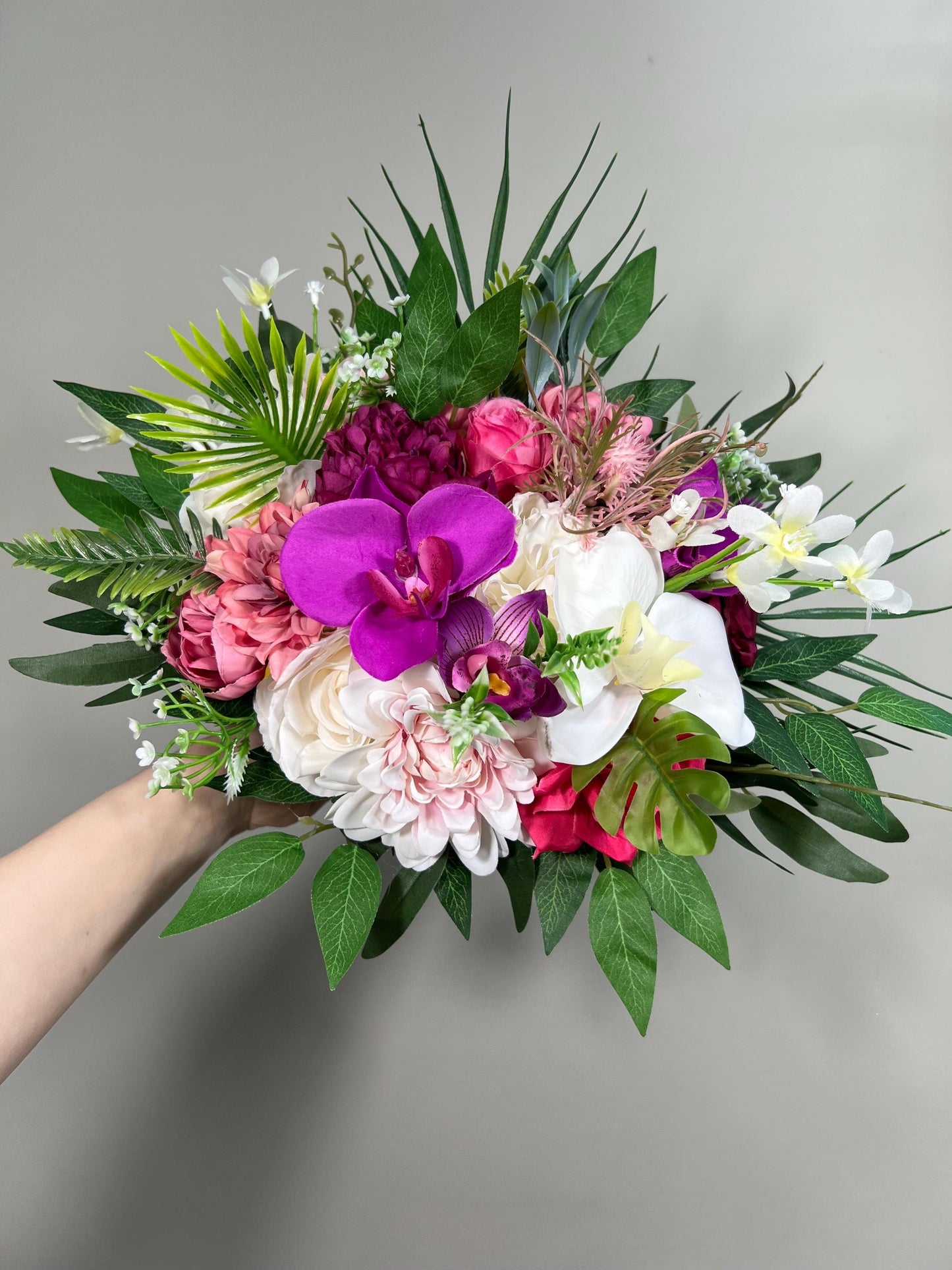 Wedding Bouquet Tropical Fuchsia Orchid Bridesmaids Bouquet Hot Pink Fuchsia Flower Viva Magenta Artificial Flower Faux Pink Tropical White