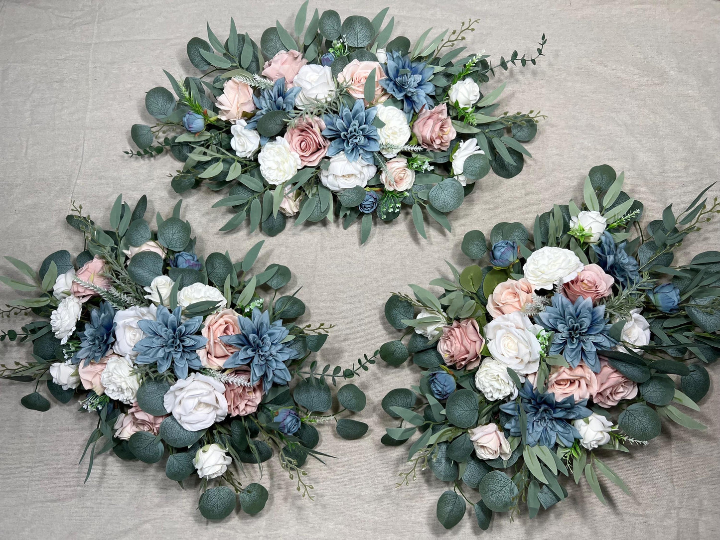 Dusty Blue White Arch Arrangements Wedding Pink Dusty Blue Arbor Arrangement Blush Blue Ivory Wall Decor Pink Blue Swag Arch Arrangements