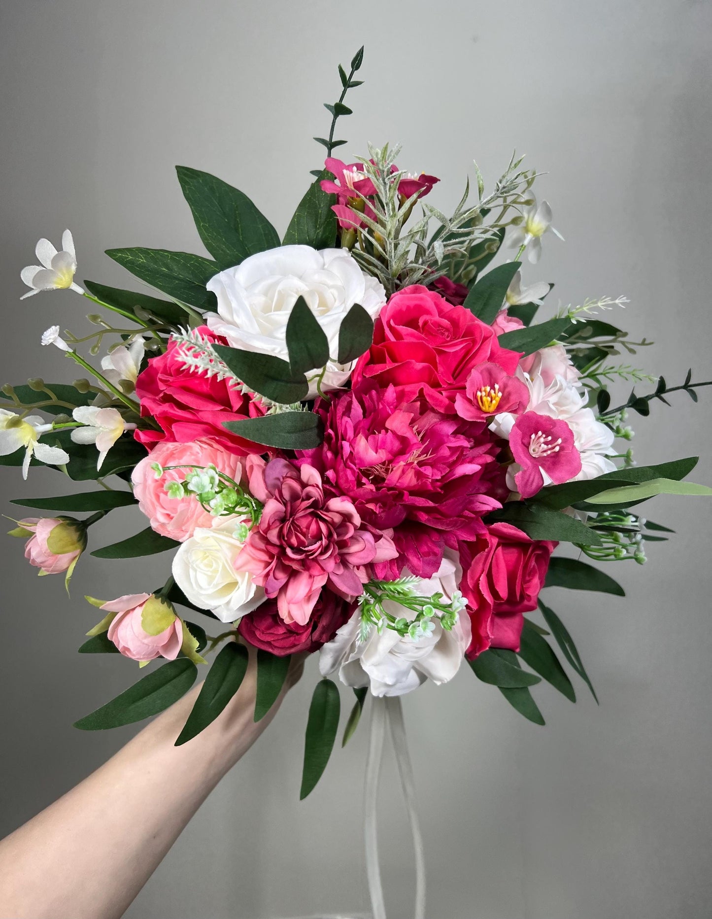 Wedding Fuchsia Bouquet Bridal Viva Magenta Bridesmaids Bouquet Hot Pink Peony Deep Pink Neon Pink Bouquet White Artificial Flower Wild