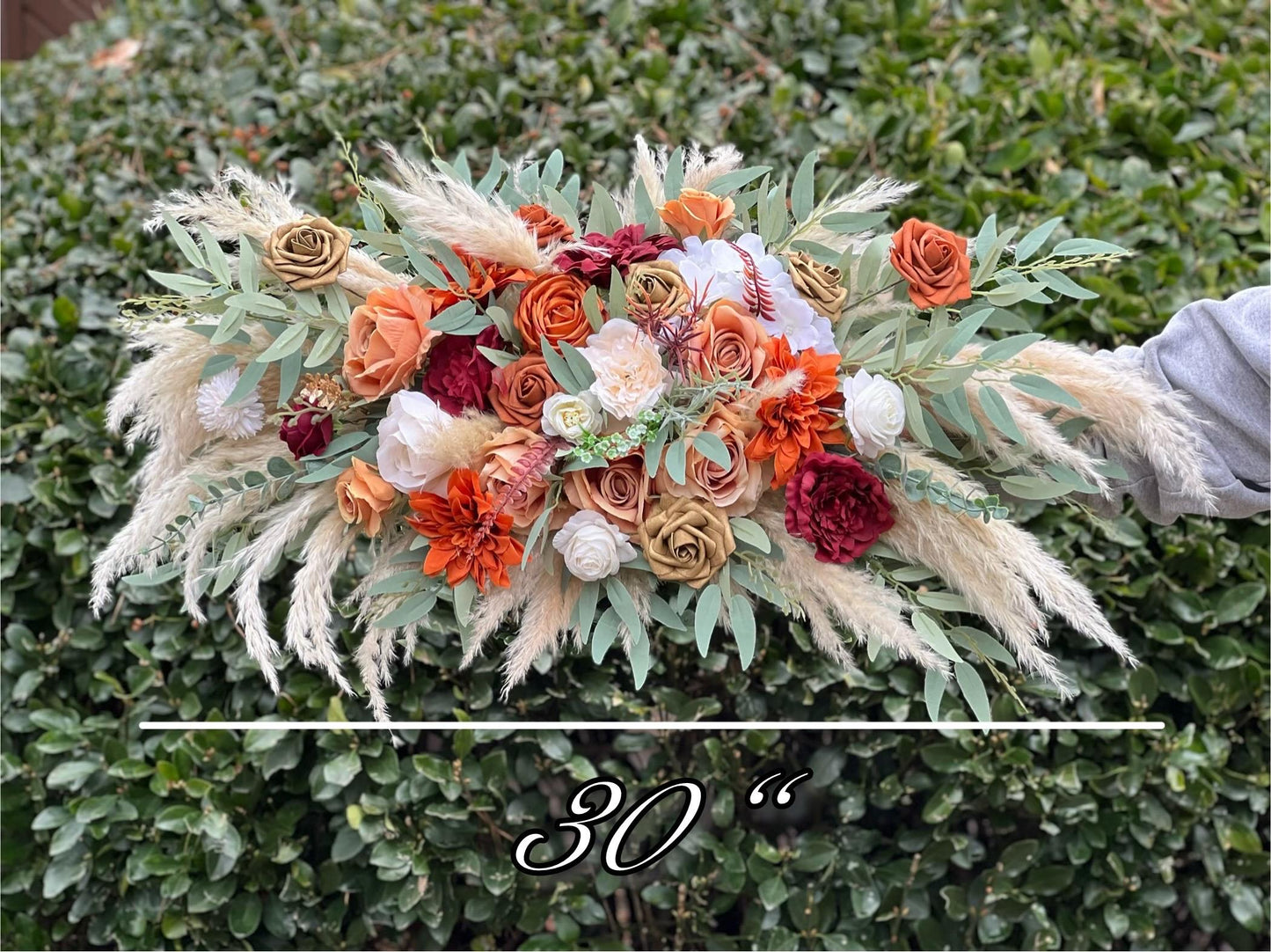 Terracotta Arch Arrangement Wedding Boho Burnt Orange Curved Arrangement Burgundy Pampas Grass Arbor Arrangement Rust White Gold Wedding