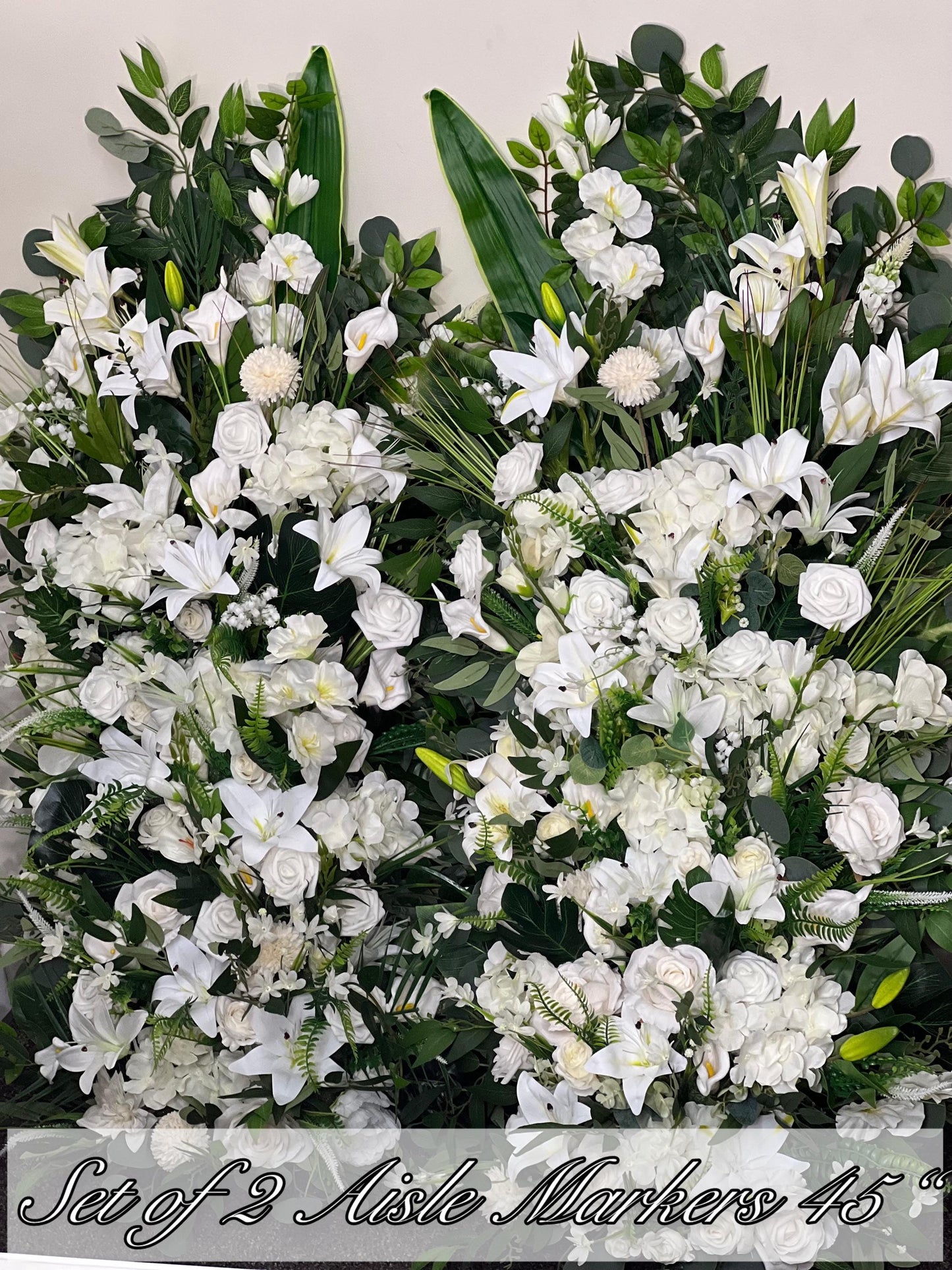 Wedding Aisle Marker Flower Floor Arrangement Whiskey Barrel Décor White Ground Arch White Lilies