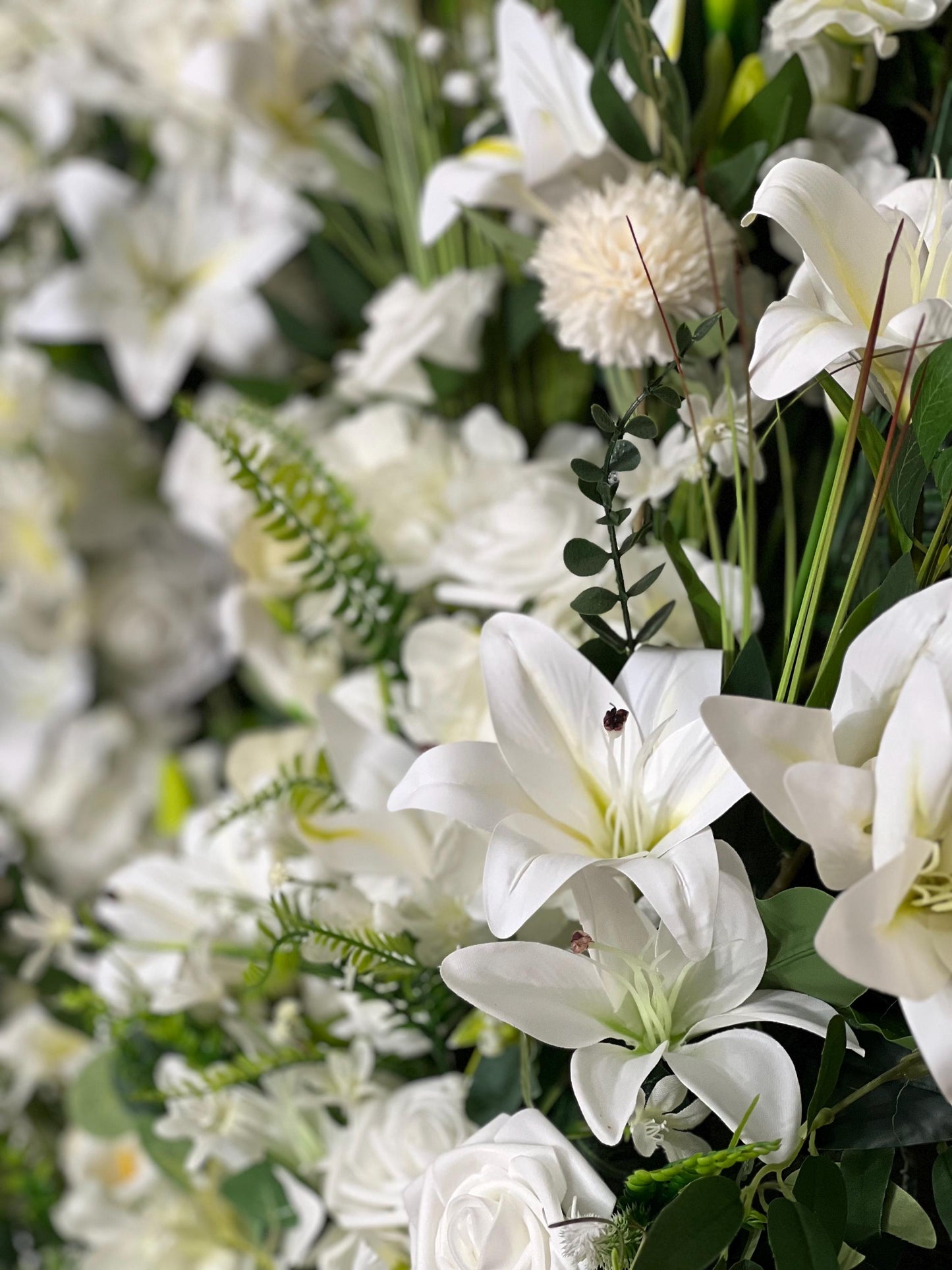 Wedding Aisle Marker Flower Floor Arrangement Whiskey Barrel Décor White Ground Arch White Lilies