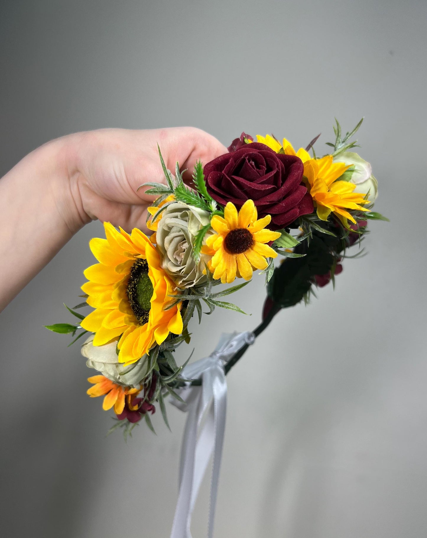 Sunflower Flower Crown Wedding Crown Burgundy Floral Headband Flower Sunflowers Burgundy Sage Green Crown Sunflower Flower Wreath Crown