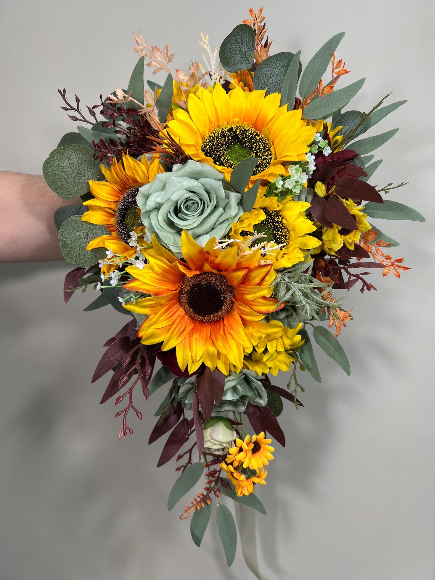 Sunflower Bouquet Wedding Bridal Boho Sunflower Cascade Bouquet Sage Burgundy Sunflower Bridesmaids Bouquet Sage Green Artiricial Flower