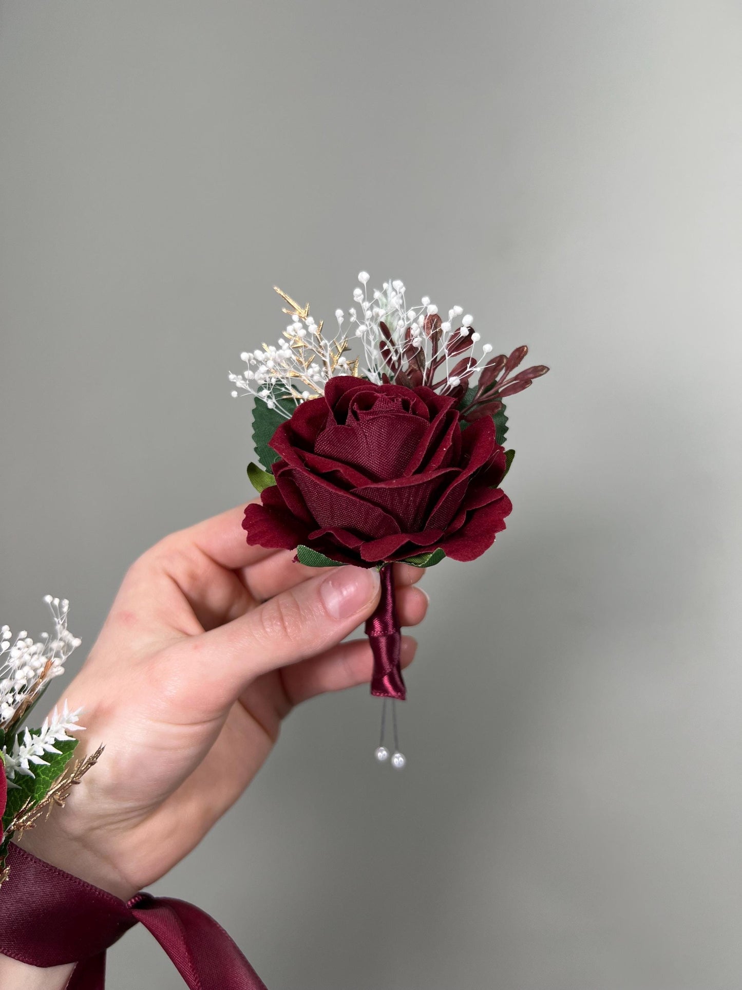 Burgundy Boutonniere Wedding Groom Boutonniere Burgundy Gold Groomsmen Baby Breath Boutonnière Wine Red Prom Maroon Artificial Flowers
