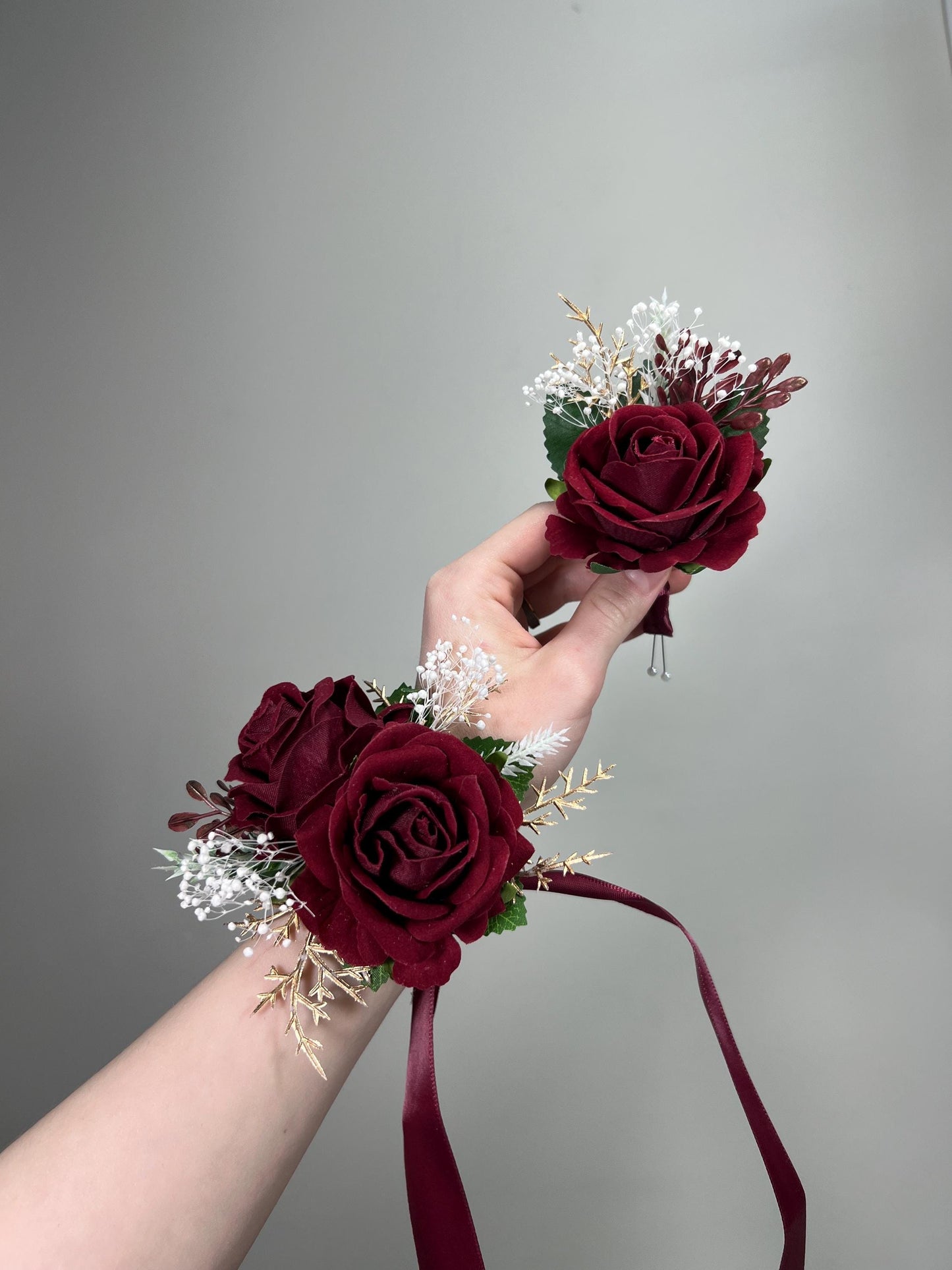 Burgundy Boutonniere Wedding Groom Boutonniere Burgundy Gold Groomsmen Baby Breath Boutonnière Wine Red Prom Maroon Artificial Flowers