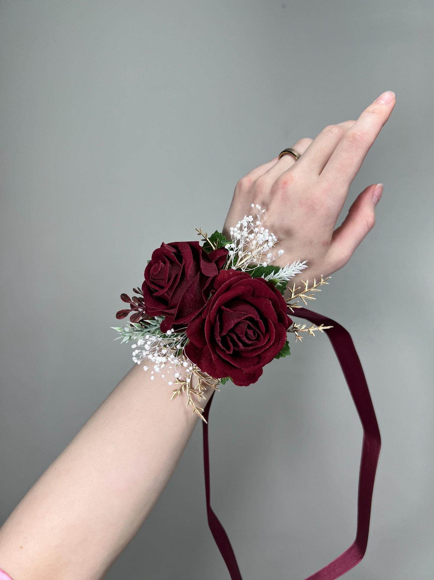 Burgundy Corsage Wedding Wrist Corsage Burgundy Gold Bridesmaids Baby Breath Corsage Wine Red Prom Corsage Maroon Artificial Flower
