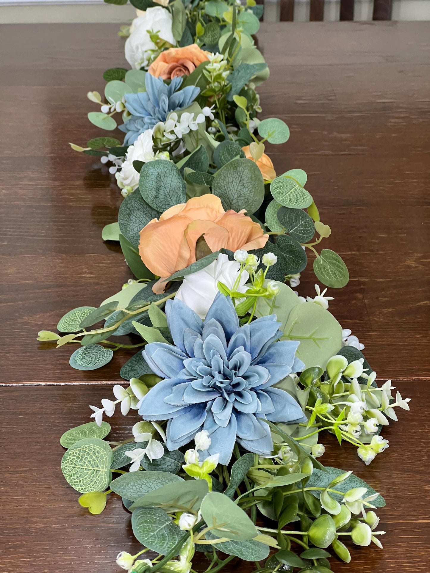 Blue Orange Garland Wedding Table Runner Dusty Blue Burnt Orange Aisle Arrangement Arch Eucalyptus Dusty Blue White Terracotta Table Runner