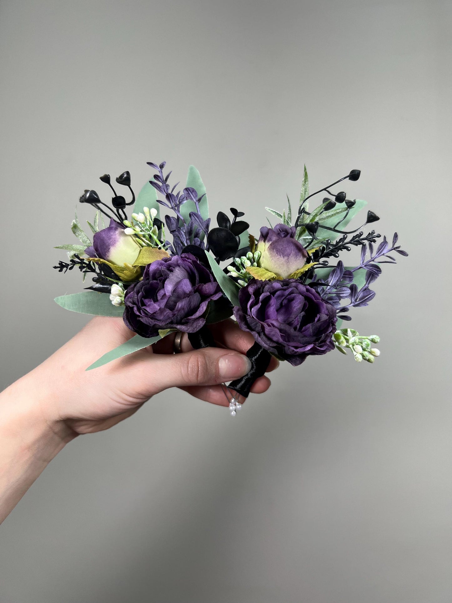 Black Purple Boutonniere Wedding Plum Gothic Groom Boutonniere Black Groomsmen Dark Purple Boutonnière Black Sage Artificial Flower
